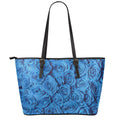 Blue Rose Print Leather Tote Bag With Zipper