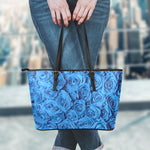 Blue Rose Print Leather Tote Bag