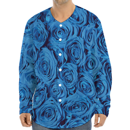 Blue Rose Print Long Sleeve Baseball Jersey