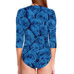 Blue Rose Print Long Sleeve Swimsuit