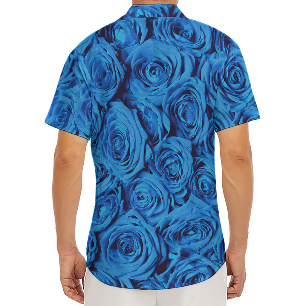 Blue Rose Print Men's Deep V-Neck Shirt
