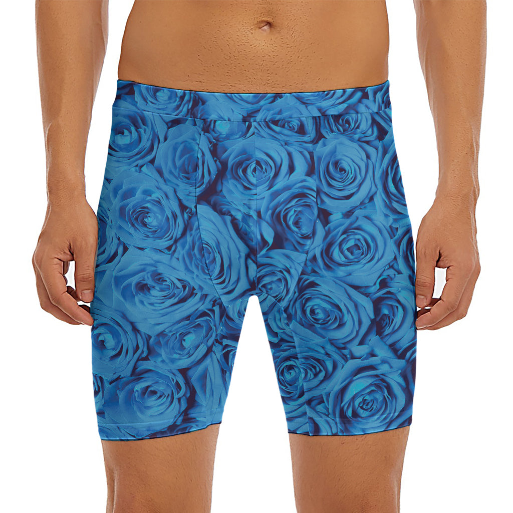 Blue Rose Print Men's Long Boxer Briefs