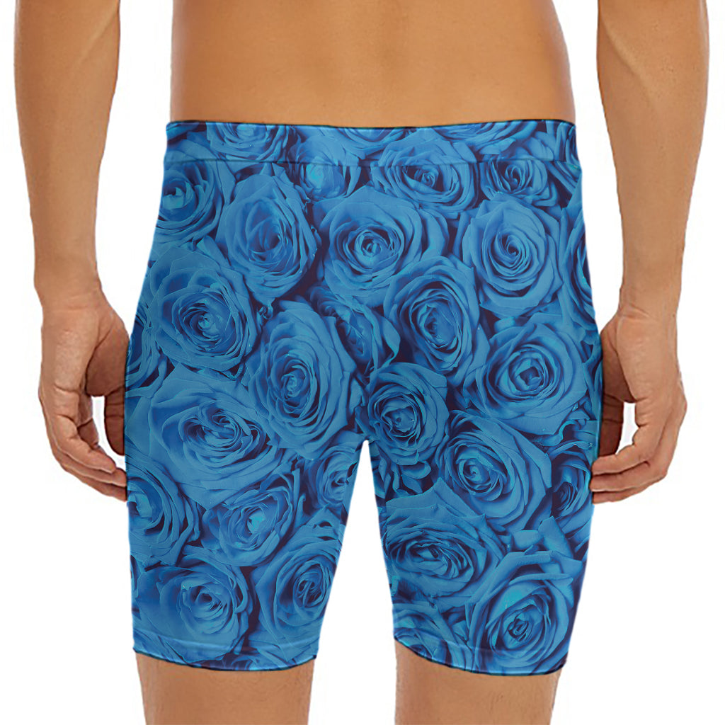 Blue Rose Print Men's Long Boxer Briefs