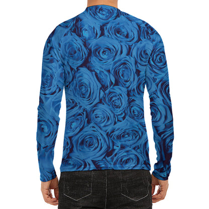 Blue Rose Print Men's Long Sleeve Rash Guard