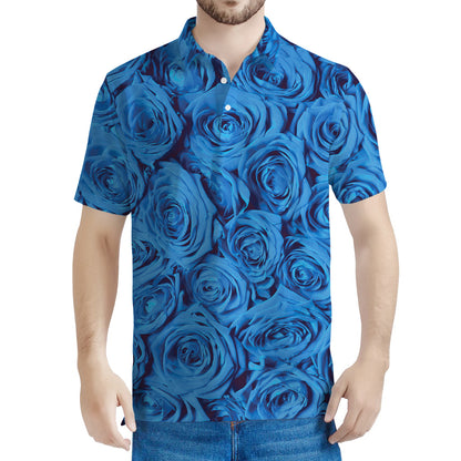 Blue Rose Print Men's Polo Shirt