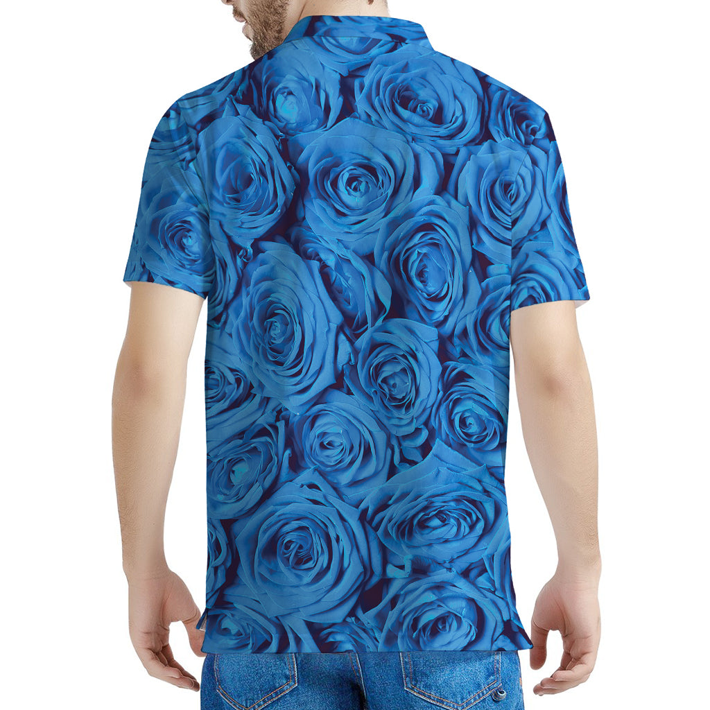 Blue Rose Print Men's Polo Shirt
