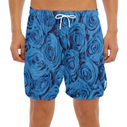 Blue Rose Print Men's Split Running Shorts