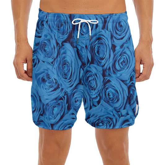 Blue Rose Print Men's Split Running Shorts