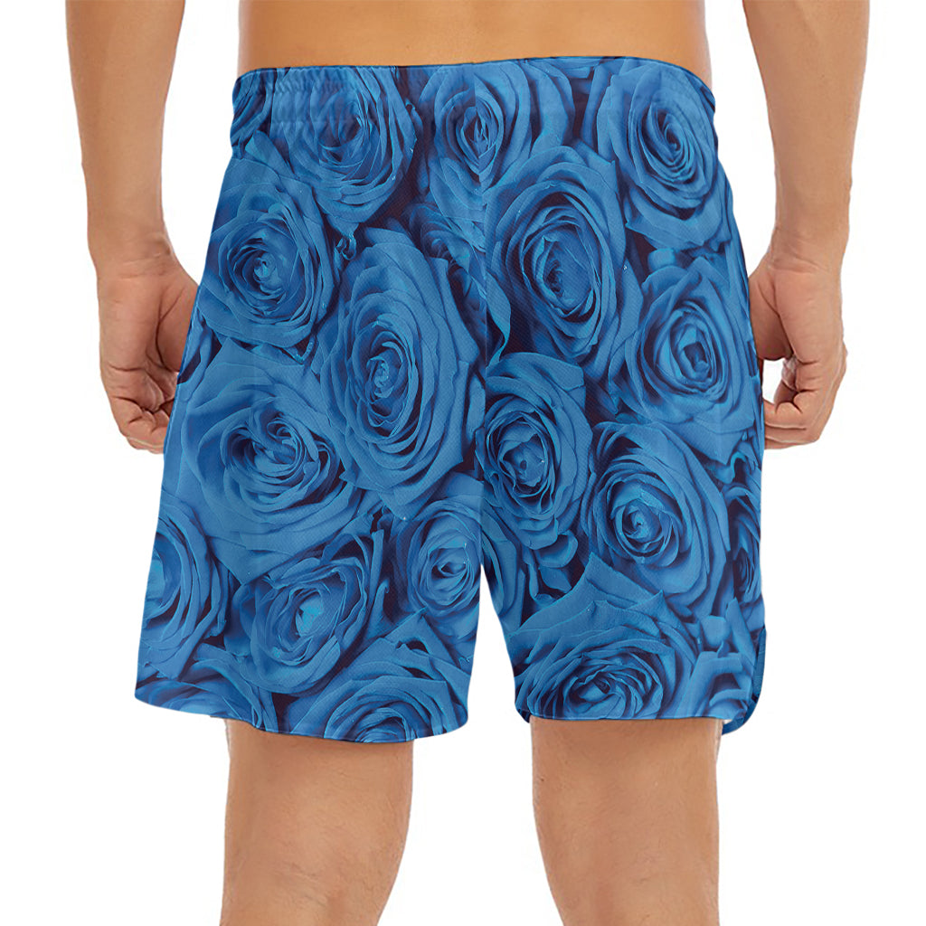 Blue Rose Print Men's Split Running Shorts