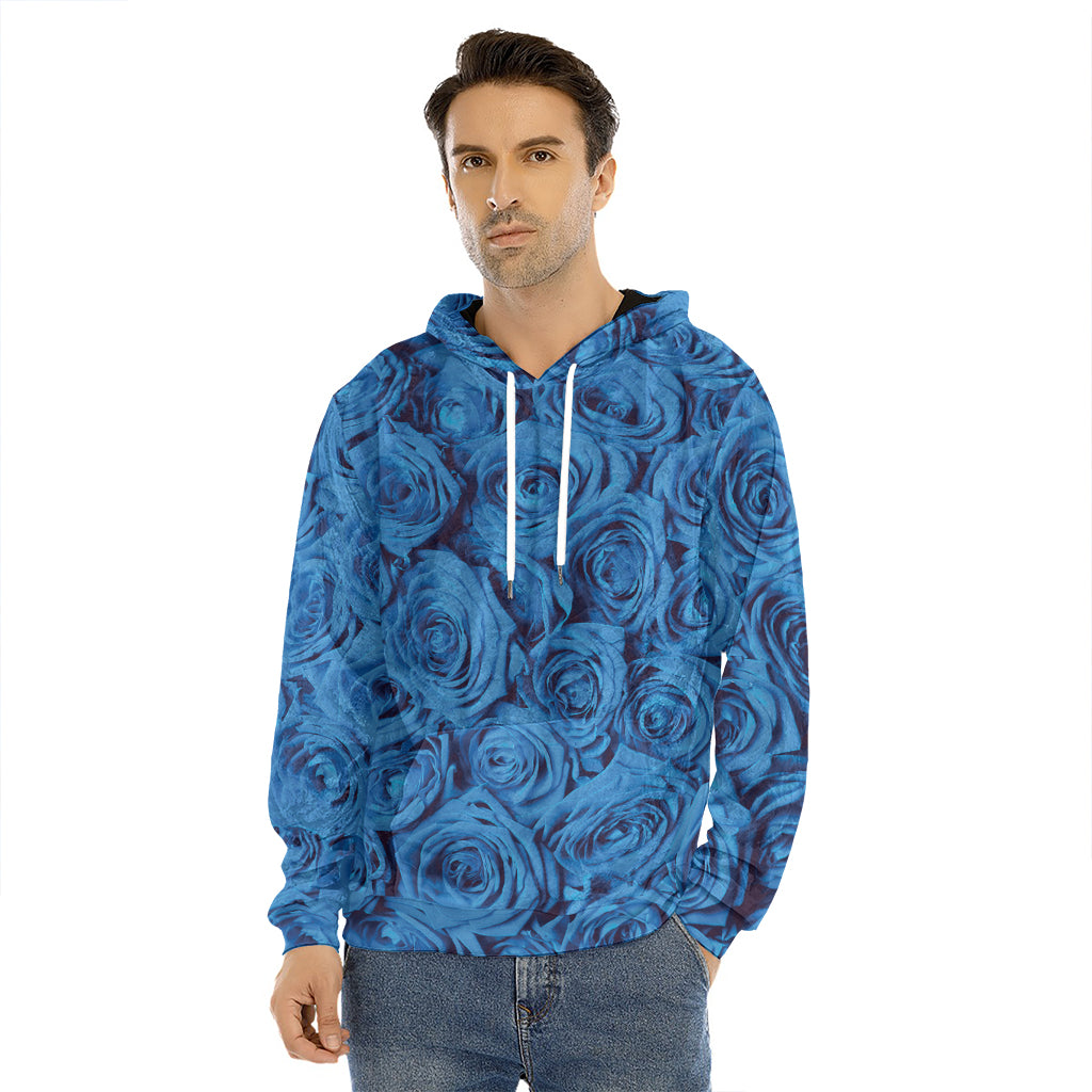 Blue Rose Print Men's Velvet Pullover Hoodie