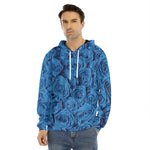 Blue Rose Print Men's Velvet Pullover Hoodie
