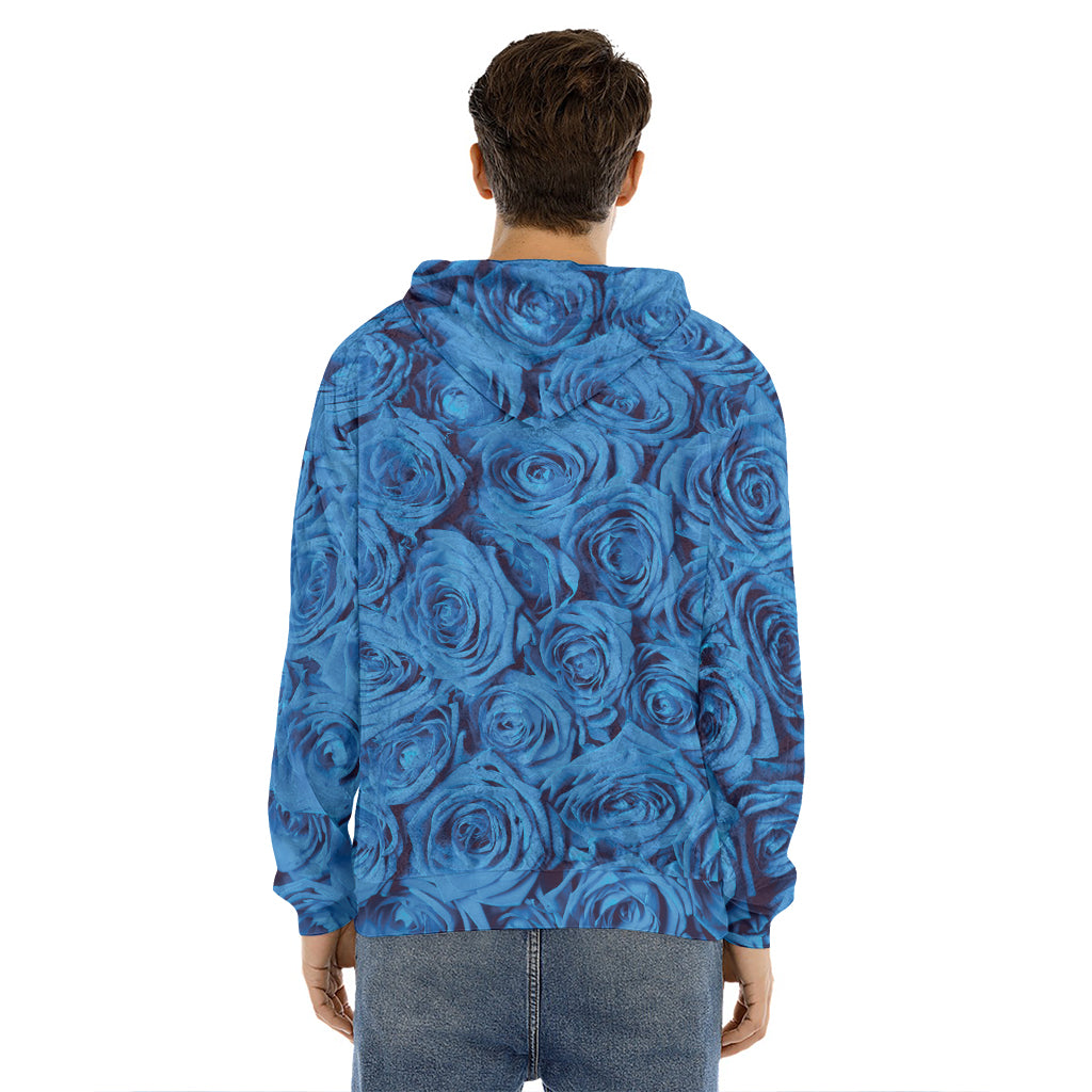 Blue Rose Print Men's Velvet Pullover Hoodie