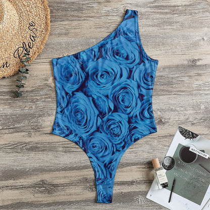 Blue Rose Print One Shoulder Bodysuit