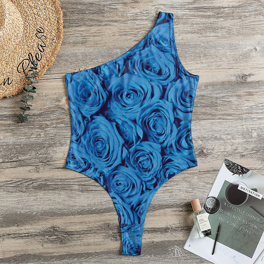 Blue Rose Print One Shoulder Bodysuit
