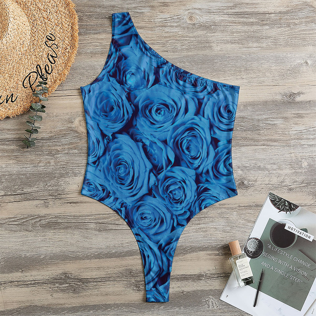 Blue Rose Print One Shoulder Bodysuit