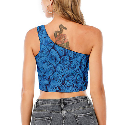 Blue Rose Print One Shoulder Crop Top