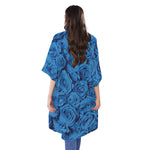 Blue Rose Print Open Front Beach Cover Up