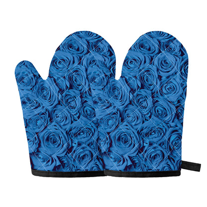 Blue Rose Print Oven Mitts