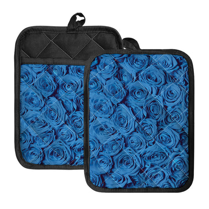 Blue Rose Print Pot Holders With Pocket