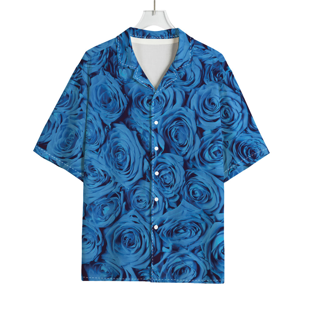 Blue Rose Print Rayon Hawaiian Shirt