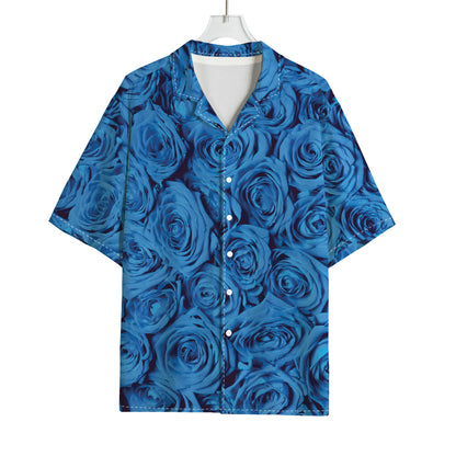 Blue Rose Print Rayon Hawaiian Shirt