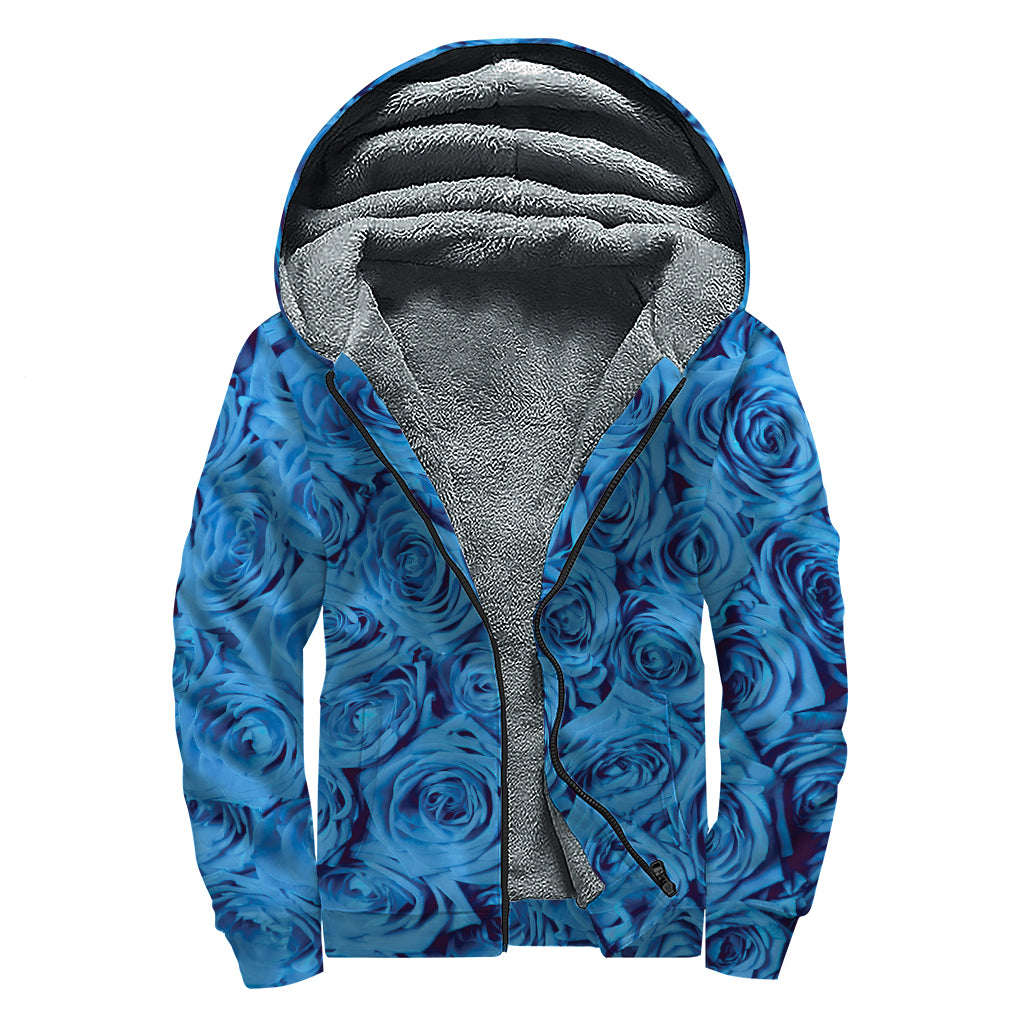 Blue Rose Print Sherpa Lined Zip Up Hoodie