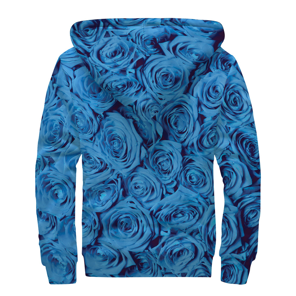 Blue Rose Print Sherpa Lined Zip Up Hoodie