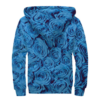Blue Rose Print Sherpa Lined Zip Up Hoodie