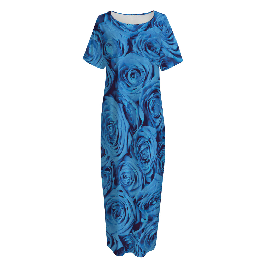 Blue Rose Print Short Sleeve Long Nightdress