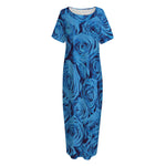 Blue Rose Print Short Sleeve Long Nightdress