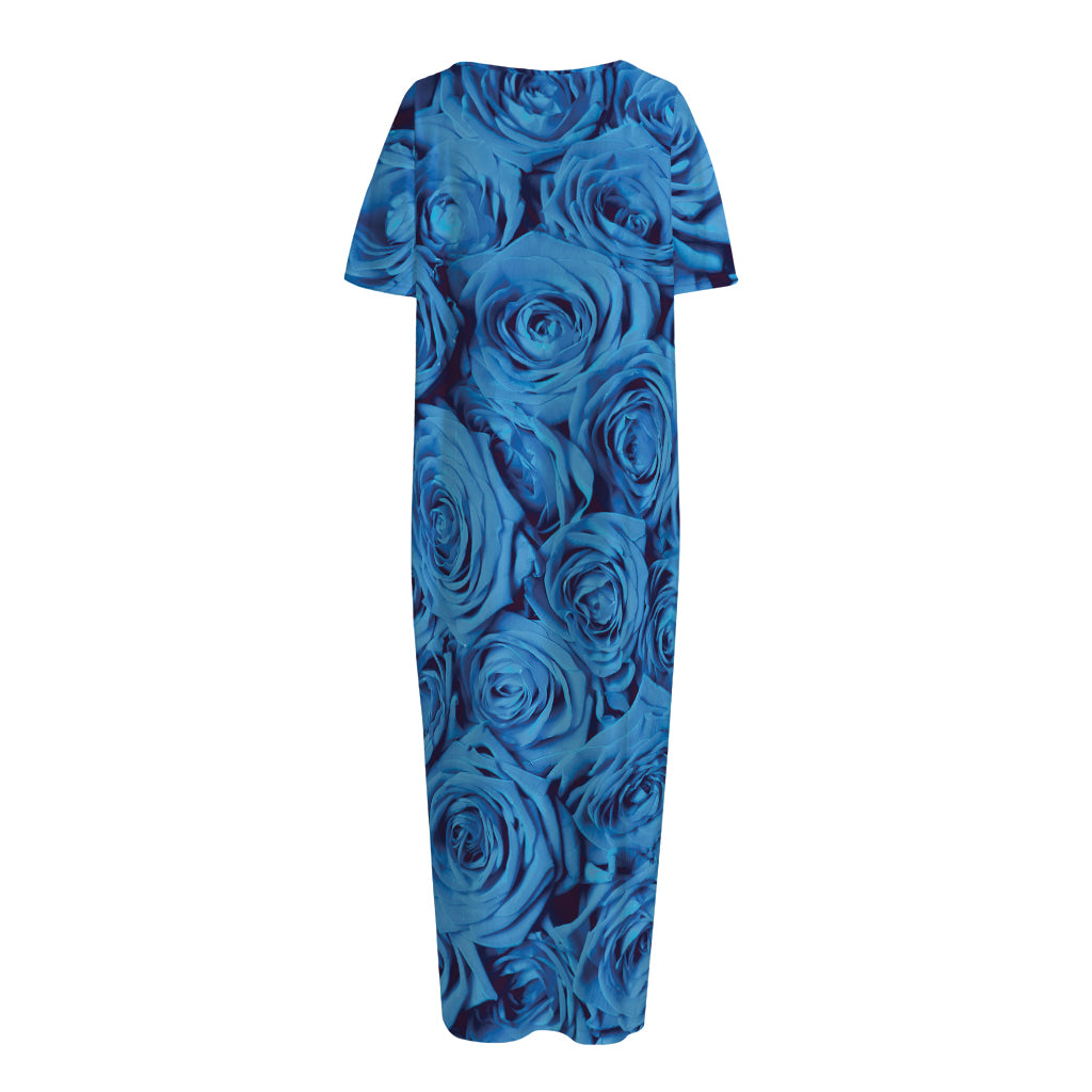 Blue Rose Print Short Sleeve Long Nightdress