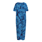 Blue Rose Print Short Sleeve Long Nightdress