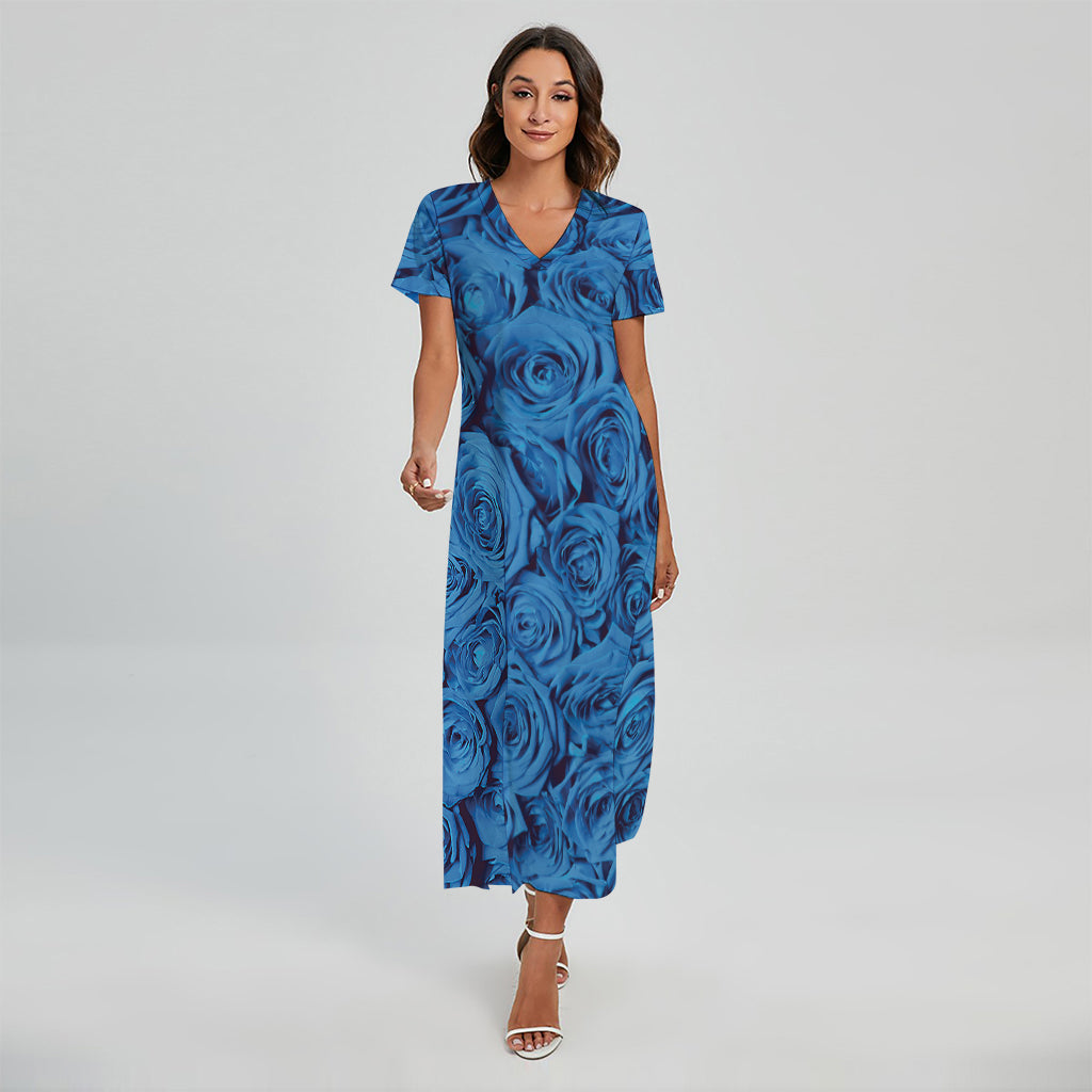 Blue Rose Print Short Sleeve Maxi Dress