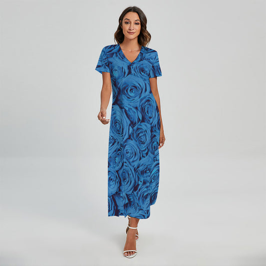 Blue Rose Print Short Sleeve Maxi Dress