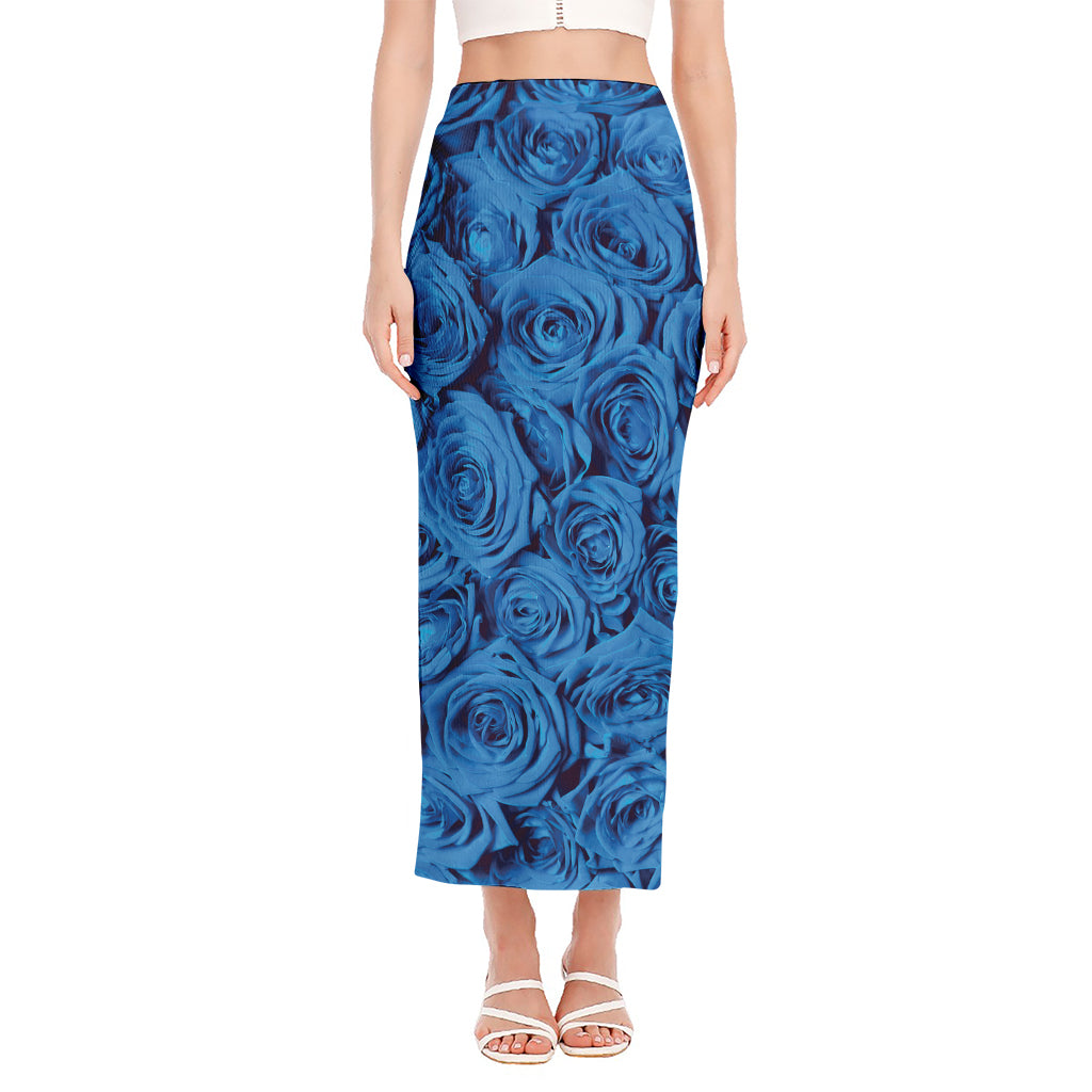 Blue Rose Print Side Slit Maxi Skirt