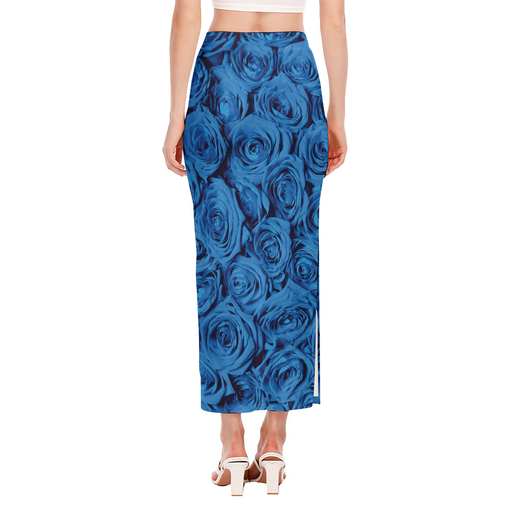 Blue Rose Print Side Slit Maxi Skirt