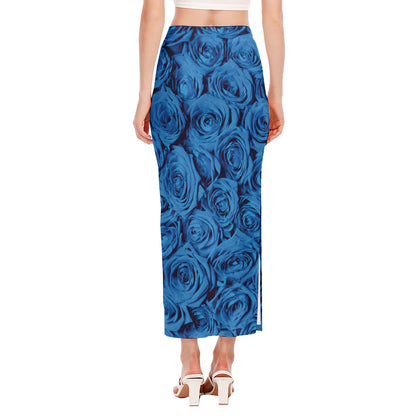 Blue Rose Print Side Slit Maxi Skirt