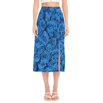 Blue Rose Print Side Slit Midi Skirt