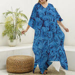 Blue Rose Print Silk V-Neck Kaftan Dress