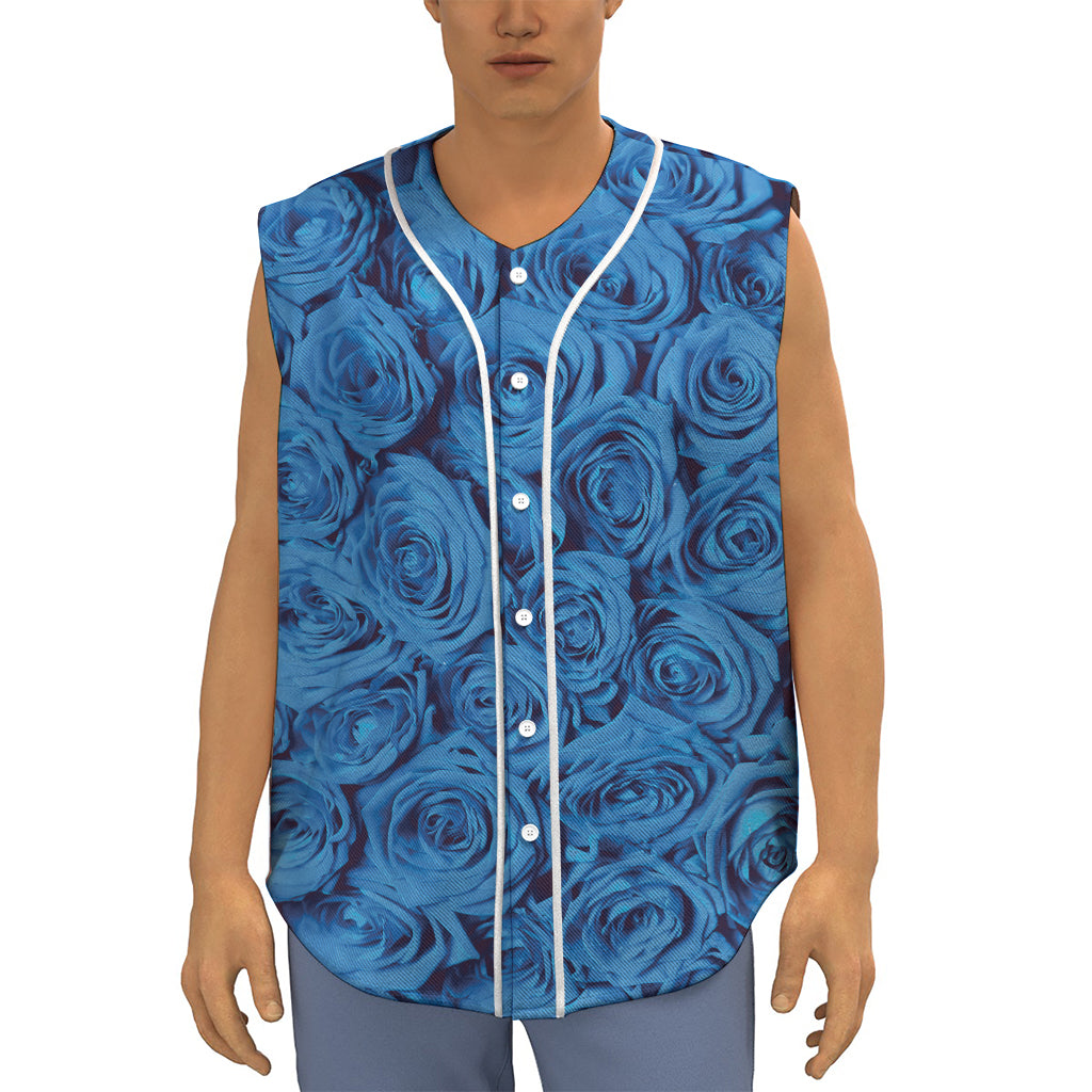 Blue Rose Print Sleeveless Baseball Jersey