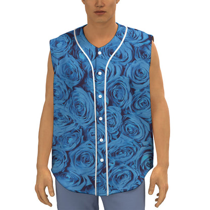 Blue Rose Print Sleeveless Baseball Jersey