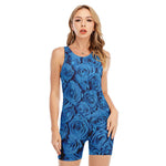 Blue Rose Print Sleeveless One Piece Swimsuit