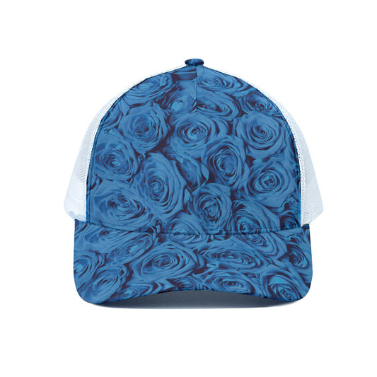 Blue Rose Print White Mesh Trucker Cap