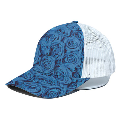 Blue Rose Print White Mesh Trucker Cap