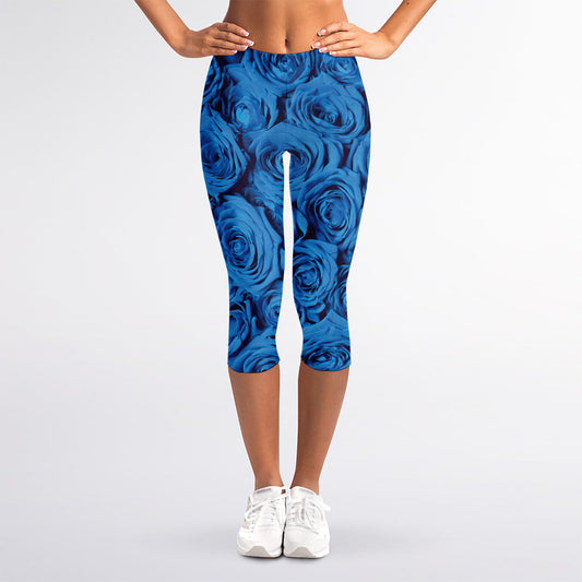 Blue Rose Print Women's Capri Leggings