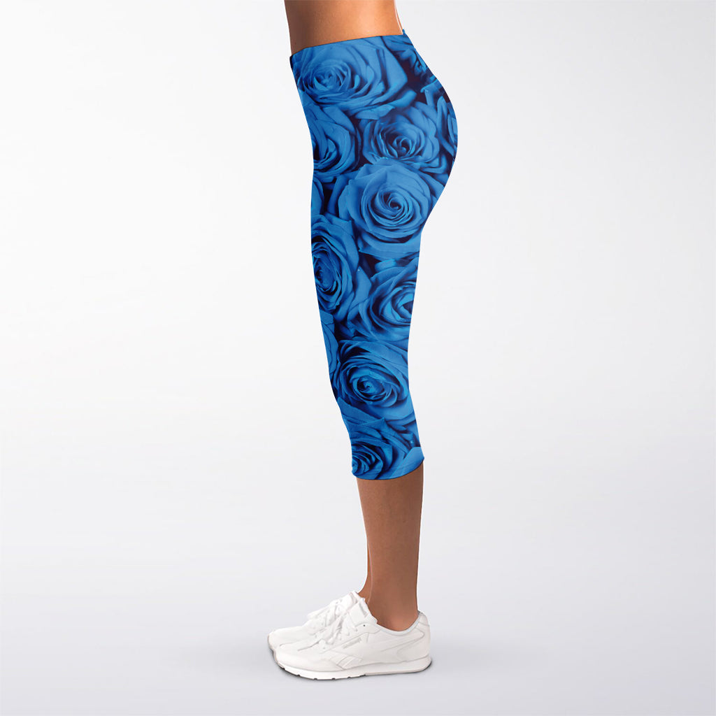 Blue Rose Print Women's Capri Leggings