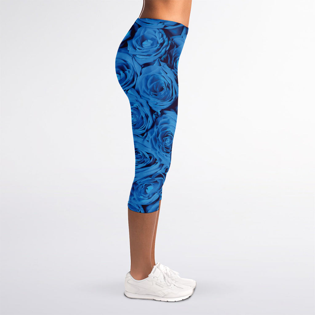 Blue Rose Print Women's Capri Leggings
