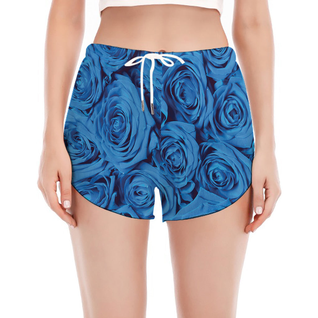 Blue Rose Print Women's Split Running Shorts
