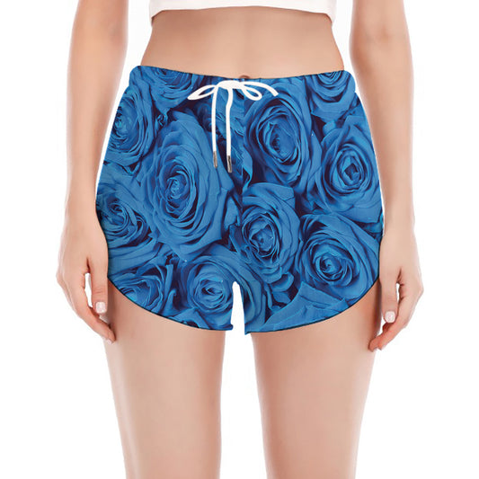 Blue Rose Print Women's Split Running Shorts