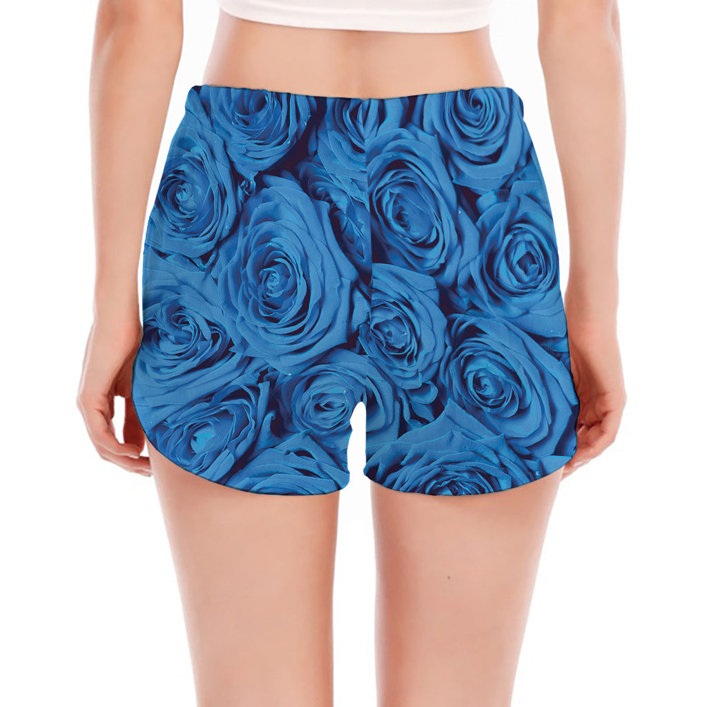 Blue Rose Print Women's Split Running Shorts